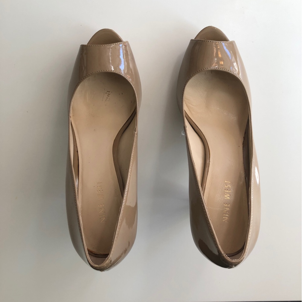 Nine West Nude Parent Leather Peep Toe Heels